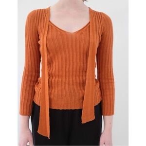 Baserange 100% linen etel long sleeve rib top with neck tie in umber NEW